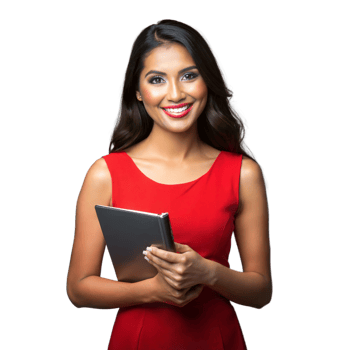 Smiling woman in red dress holding tablet on transparent background png
