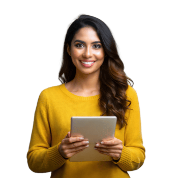 Smiling woman in yellow sweater holding tablet on transparent background png