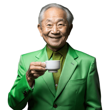 Elderly man in green suit enjoying a cup of coffee png