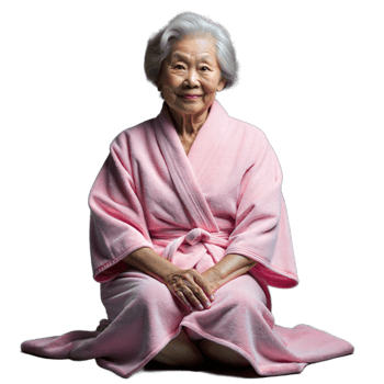 Smiling elderly woman in pink robe on transparent background png