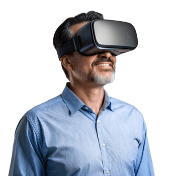 Man using virtual reality headset and smiling on transparent background png