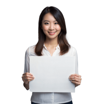 Smiling woman holding blank sign on transparent background png