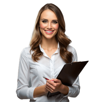 Smiling businesswoman holding clipboard on transparent background png