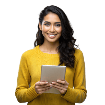 Smiling woman in yellow sweater holding a tablet on transparent background png