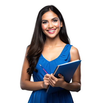 Smiling woman holding notebook and pen on transparent background png