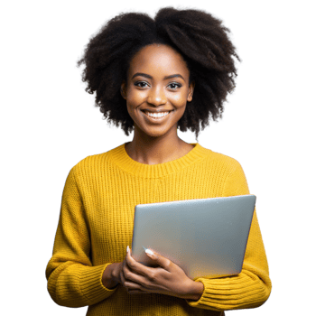 Smiling woman holding laptop on transparent background png