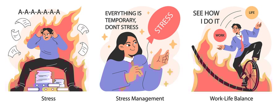 Professional burnout set. Young employee on fire at workplace. Office worker vector