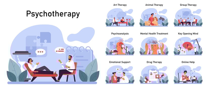 Psychotherapy set. Psychiatrist consulting a patient on mental health vector