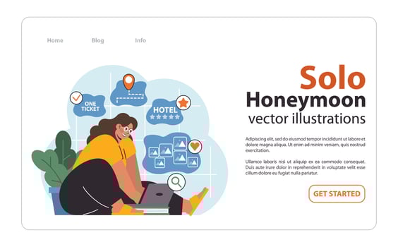 Solo travel or honeymoon planning. Woman booking tickets online vector