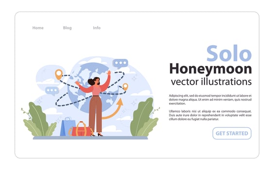 Solo travel, honeymoon web banner or landing page. Female character vector