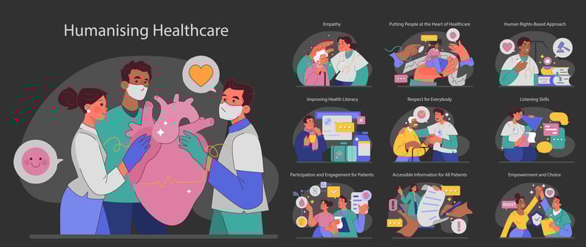 Humanizing healthcare dark or night mode set. Modern hospital vector