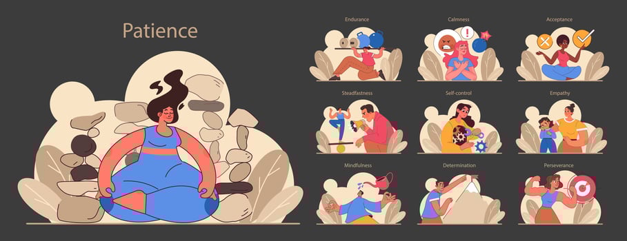 Patience night or dark mode set. Calm person meditating and finding vector