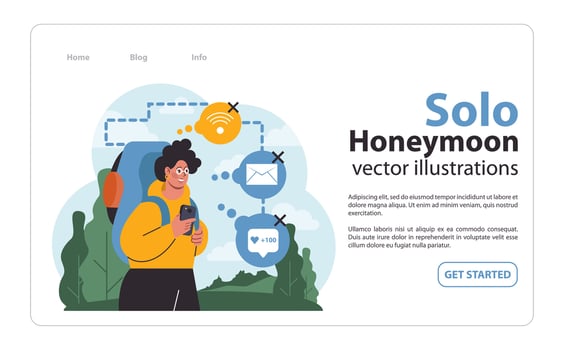 Solo travel, honeymoon. Character traveling with a back pack. vector