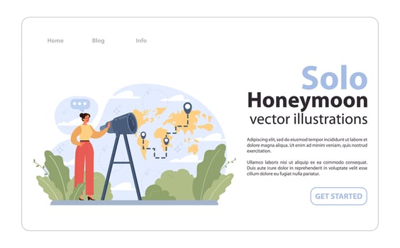 Solo travel, honeymoon web banner or landing page. Female character vector