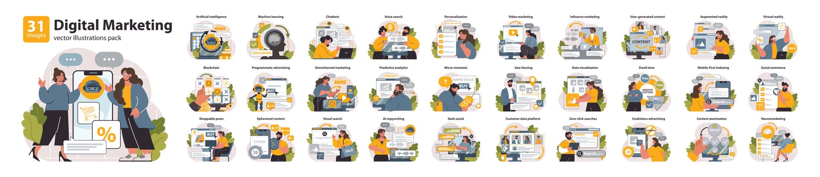 Digital marketing set. Marketing strategy development innovative techniques, vector