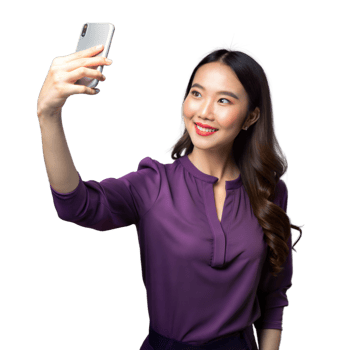 Woman taking selfie with smartphone on transparent background png
