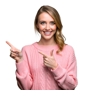 Smiling woman pointing in pink sweater on transparent background png