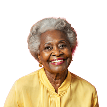 Smiling elderly woman in yellow shirt on transparent background png