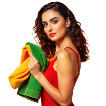 Woman holding colorful towels with confident expression png
