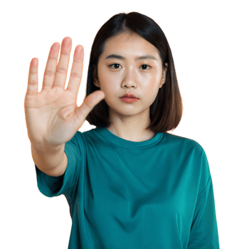 Woman making stop gesture with open hand on transparent background png