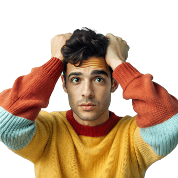 Confused young man in colorful sweater on transparent background png