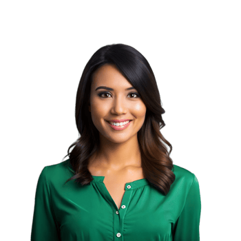 Smiling woman in green shirt on transparent background headshot png
