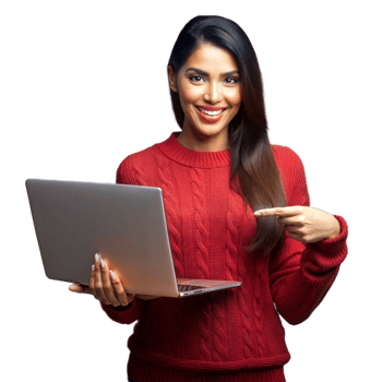 Smiling woman pointing at laptop on transparent background png