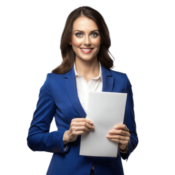 Smiling businesswoman holding documents on transparent background png