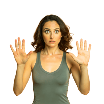 Shocked woman with raised hands on transparent background png