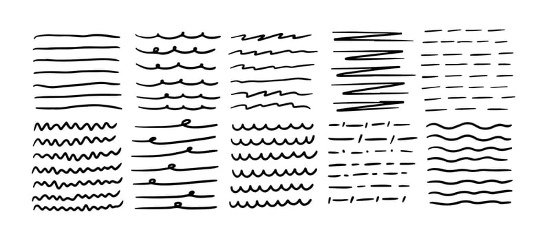 Hand drawn pen underline and stroke set. Doodle pencil or marker line. vector