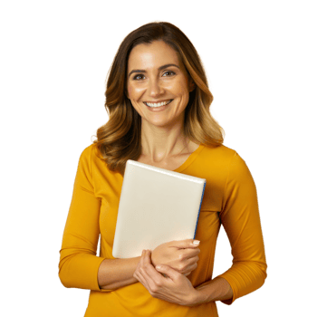 Smiling woman holding a tablet on a transparent background png