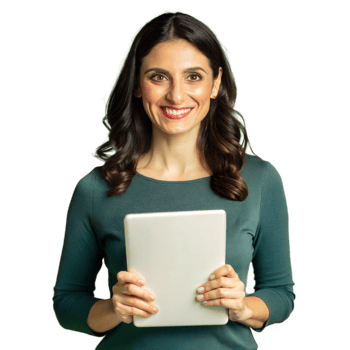 Happy woman smiling and holding a tablet on transparent background png