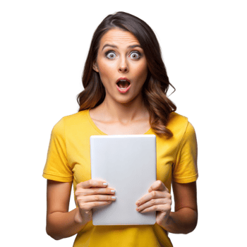 Surprised woman holding digital tablet on transparent background png