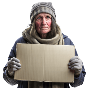 Elderly Woman Holding Cardboard Sign in Winter on Transparent Background png