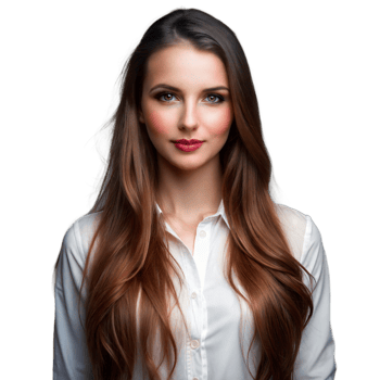 Young Woman With Long Brown Hair Wearing a White Shirt and Looking at the Camera on Transparent Background png