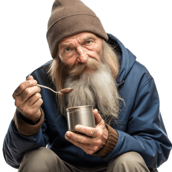 Elderly Man With Long Beard Eating From a Tin Can With a Spoon on Transparent Background png