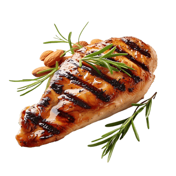 A grilled chicken breast with grill marks, garnished with rosemary sprigs and almonds png