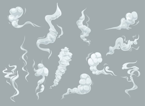 Cartoon smoke and fog clouds white steaming vapour vector