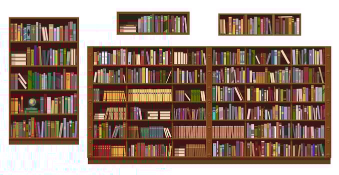Book shelves and bookcase of library, bookstore vector