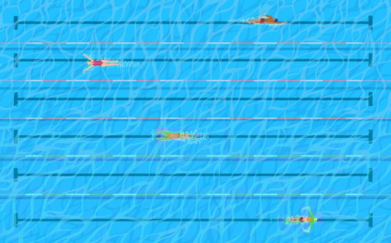 Pool with swimmers on lanes top view, water sport vector