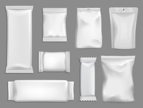 Snack packages mockup, sachet or pouch bags vector