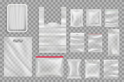 Food products plastic packaging mockups set vector