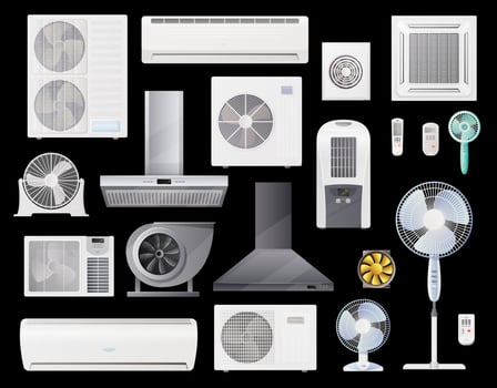 Air conditioners, fans and range hoods icons set vector