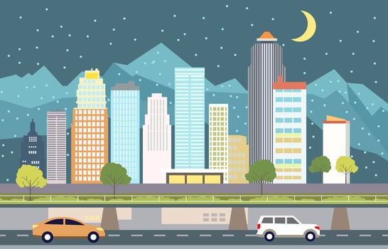 Flat Design Illustration of Cars Vehicle in City Road Traffic with Cityscape at Night vector