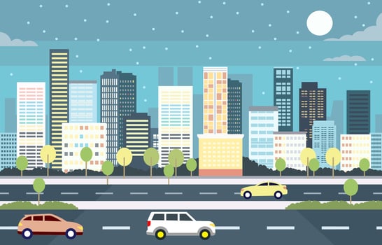 Flat Design Illustration of Cars Vehicle in City Road Traffic with Cityscape at Night vector