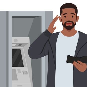 Man with empty pockets or wallet standing near cash machine. vector