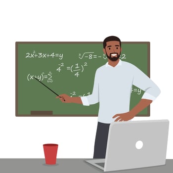 Young high school teacher teach math online through laptop in classroom. vector