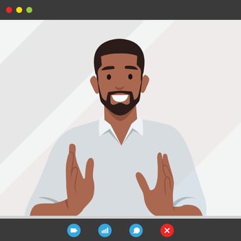 Confident businessman is sitting at table with laptop and looking at camera recording. vector