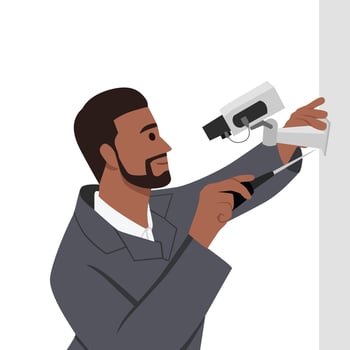 Worker installs a camera on the street CCTV Installation Wizard. vector