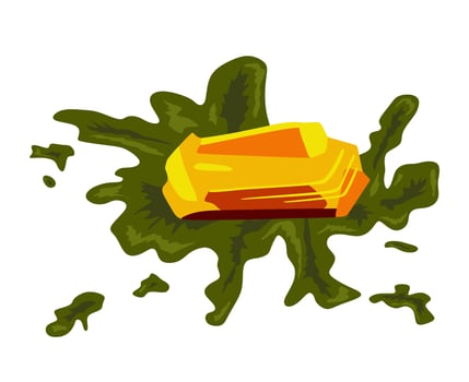 Amber stone with seaweed isolated on white background. Tree resin drop. Precious mineral stone or nugget. Raw materials for jewelry. Bright gemstone. Piece of yellow opaque natural amber. vector